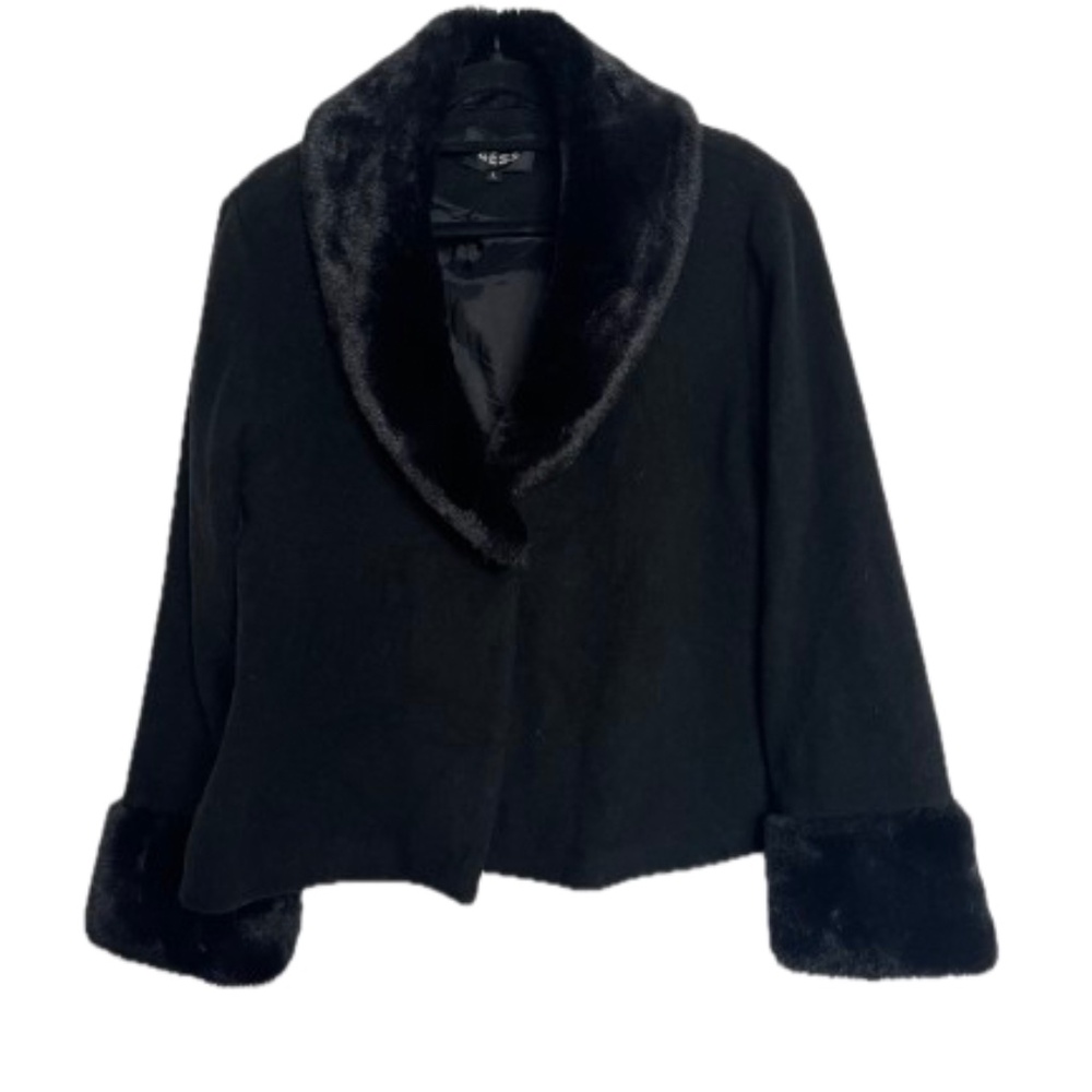 Black Faux Fur Trim Wool Jacket